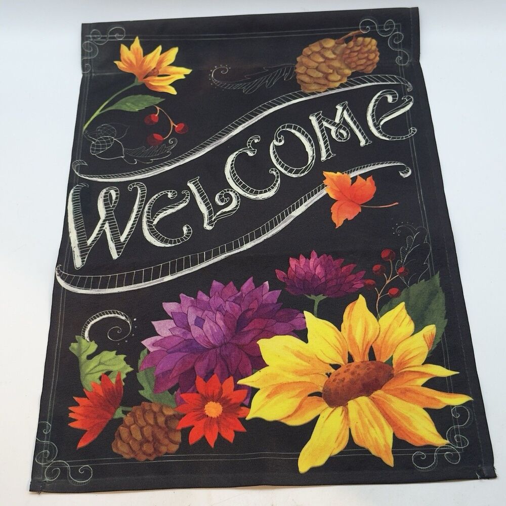 Autumn Flowers House Yard Flag Banner 12 x 18" Polyester Black Multi Floral USA